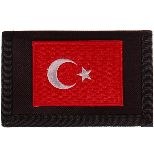 Zwarte klittenbandportemonnee 12x9cm - Applicatie 8x6cm vlag Turkije