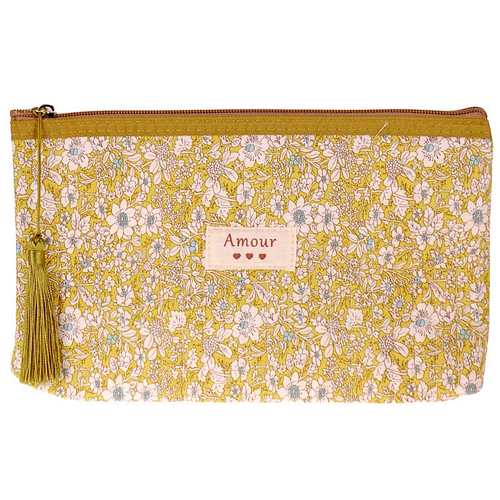 Toilettas Stof Lichtgroen - Witte Bloemen met Lichtblauw - Rits & Kwastje - Gewatteerd - 28x16x1-12cm