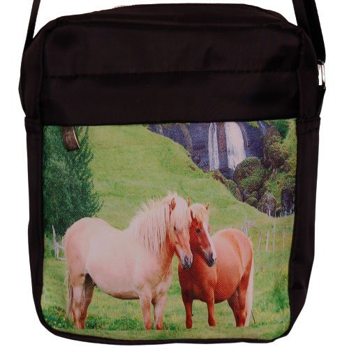 schoudertasje zwart met 2 bruine pony's in weiland - 19x19x4cm