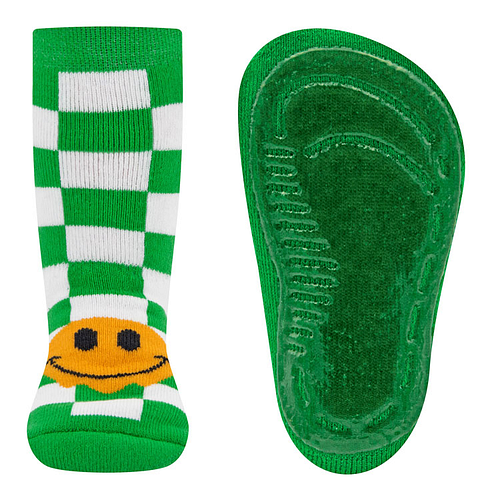 Antislipsokken Ewers Kindermaat - Groen&Wit Geblokt Gele Smiley - Elastisch - Siliconenzool