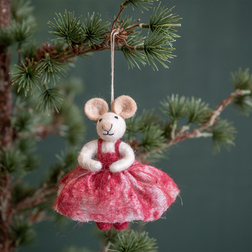 Hanger Vilt Figuurtje - Ballerina Muis Jurkje Rood - 13cm - Handgemaakt & Fairtrade