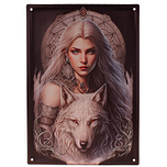 Metalen Wandbord 3D Relief - Dromerige Mystic Sneeuwelf/Fee met Witte Wolf Fantasy - Homedeco - 28x40,5cm