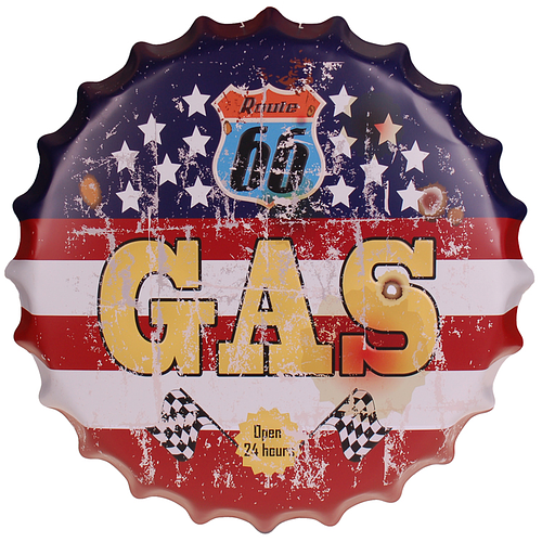 Bierdop/Kroonkurk - Amerikaanse vlag - Route 66 Gas - Metalen Wanddecoratie - 40cm