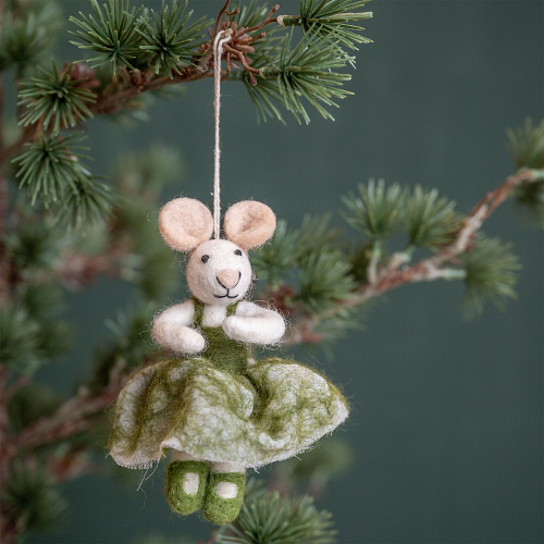 Hanger Vilt Figuurtje - Ballerina Muis Jurkje Groen - 13cm - Handgemaakt & Fairtrade