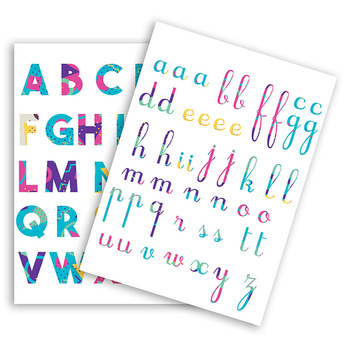 Stickers - Gekleurd Alphabet - Blokletters & Geschreven Letters - Scrapbook Hobby DIY - 2 Stickervellen - 1.5-2.5cm - 73 Stuks