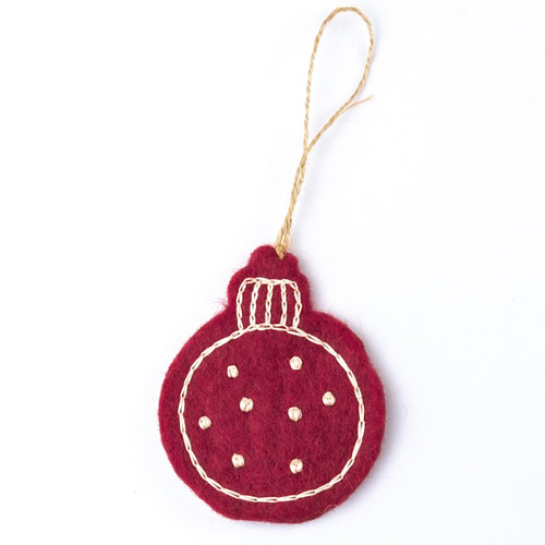 Hanger Vilt - Kerstbal Geborduurd Motief - Holly Berry - 8cm - Rood/Wit - Fairtrade