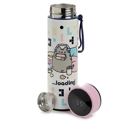 RVS Thermosfles warm en koud met digitale thermometer 450ml - Pusheen the Cat - wit met roze en blauw