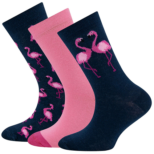 3-Pack Kindersokken Ewers - Donkerblauw met Roze Flamingo's & Effen Roze met Donkerroze
