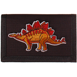 Zwarte klittenbandportemonnee 12x9cm - Applicatie dinosaurus Stegosaurus rood/oranje 10x5,5 cm