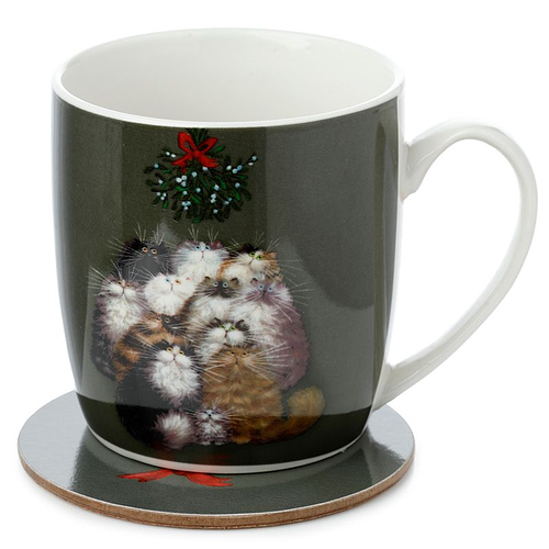 Kerstbeker met onderzetter - Kim Haskins - 12 Katten onder mistletoe
