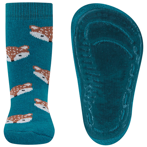 Antislipsokken Ewers Kindermaat - Petrol met Vosjes Hoofd Bruin & Wit - Siliconenzool