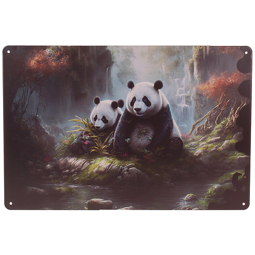 Metalen Plaatje - Pandas in Oosters Bos Waterval & Beek - 20x30cm