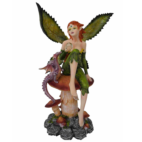 Beeldje Fantasy - Boself Groen op Paddenstoel met Glazenbol & Draakje - Gebladerde Vleugels - Medium - Polyresin - 22x14cm