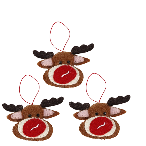 Hangers Vilt Kerst - Set 3 Stuks - Rudolph Hoofd - Bruin/Rood/Wit - 8cm - Handgemaakt & Fairtrade