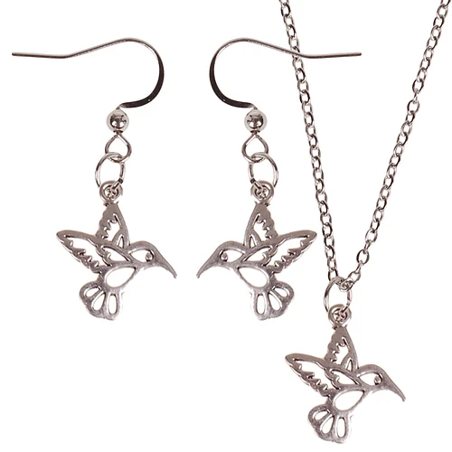 Set - Kinderketting 45cm - Oorbellen Zilverkleurig - Hangertje Kolibrie zilverkleurig 1,8cm