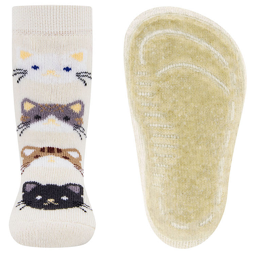 Antislipsokken Ewers Kindermaat - Ecru met Poezen Hoofden Grijs & Bruin & Wit - Siliconenzool