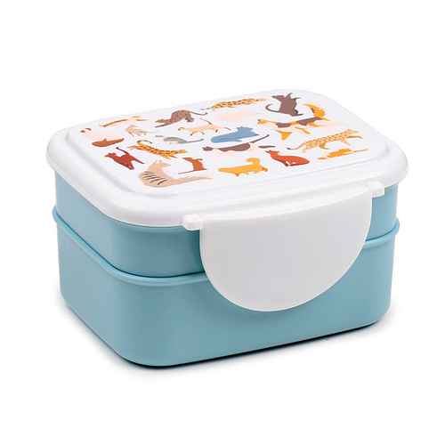 Bentobox/Lunchbox - Feline Fine Cats - Lichtblauw&Wit - Bestek - 9x15,5x14cm