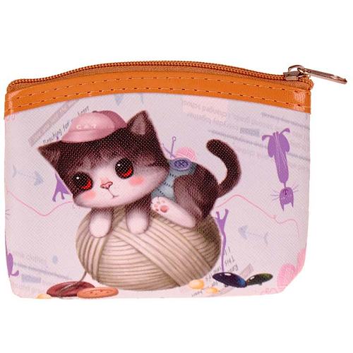 Kleine Portemonnee - Cartoon Poes Wol & Knoopjes - Roze/Lila - Ritsje - 11x9x1.5cm