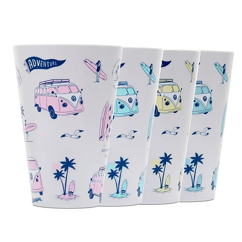 Set Picknick/Camping Bekers RPET - Volkswagen T1 Campers Explore More - 4 stuks - 450ml - 13x9cm