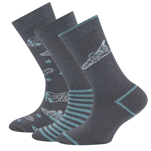 Sokken Ewers Kindermaat - 3-PACK - Donkergrijs met Ruimteschepen & Sterren & Streepjes ijsblauw