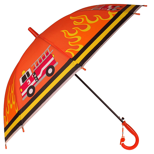 Kinderparaplu Oranje/Rood en Rand Zwart met Geel - Brandweerauto met Vlammen en Fluitje - 80cm