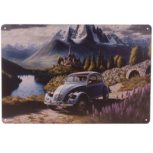 Metalen Plaatje - Retro Franse Auto in Bergen met Kasteel - 20x30cm