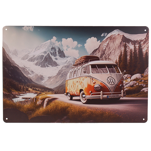 Metalen Plaatje - Retro Camper Oranje op Bergweg - 20x30cm