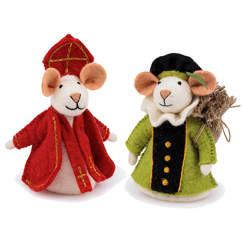 Vilten Sintermuis en  Piet Groen met Jute Zak  -  18cm