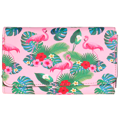 Dames Rits Portemonnee - Roze - Flamingo met Tropische Planten en Bloemen - 18x11cm