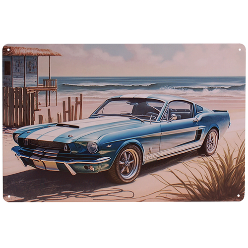 Metalen Plaatje - Mustang Classic Muscle Car Blauw/Wit - Beach - 20x30cm