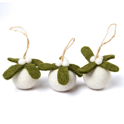 Kerstballen Vilt - Mistletoe Small 3D - Set 3 stuks - 5cm - Groen/Wit - Fairtrade