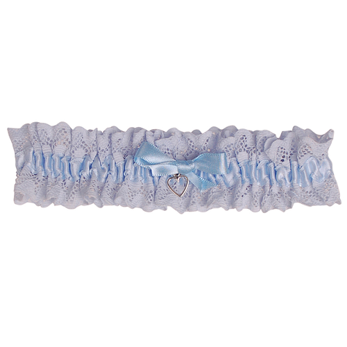 Grote maat Kousenband Blauw Broderie - blauw strikje en zilverkleurig hartje
