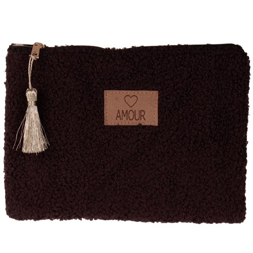 Toilettasje / Etui - Fluffy Sheep - Zwart met Label "AMOUR" - Ritssluiting & Goudkleurig Kwastje - 20x15cm