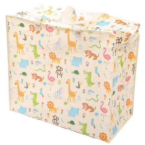 Grote Boodschappentas met rits Dierentuin Verschillende dieren - Wit - 48x55x28cm