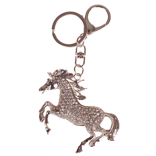 Sleutelhanger/Tashanger Steigerend paard - Zilverkleurig met Strass - 7,5x6cm