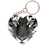 Sleutelhanger hartje 5x5cm - Tijgerkop Zwart/Wit met gekleurde Ogen