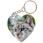 Sleutelhanger hartje 5x5cm - Poes Wit/Tijger met Blauwe Ogen