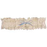 Kousenband Ivoorkleurig Broderie - blauw strikje en zilverkleurig klavertje