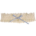 Kousenband Ivoorkleurig Broderie - blauw strikje en zilverkleurig hartje