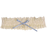 Grote maat Kousenband Ivoorkleurig Broderie - blauw strikje en zilverkleurig hartje