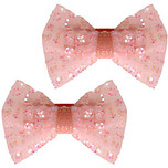 Haarclipjes met organza strikje met glitters zalmroze - 7 cm 