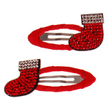 Kerst Haarclipjes - Set - Glittersteentjes Rode Sokjes met Witte Rand - 5,5cm