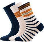3-Pack Kindersokken Ewers met Ribpatroon - Set - Effen Donkerblauw  en Creme-Donkerblauw-Oranjebruin Strepen