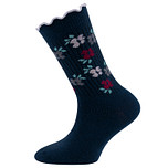 Kindersokken Ewers Meisjes - Donkerblauw met Bloemetjes en Fijne Rib - Ruche Randje 