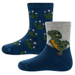 2-Pack Kindersokken Ewers Jongens - Set - Grijs & Donkerblauw met Kleine Dino & Donkerblauw met Groene Dino Voetstapjes