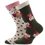2-Pack Kindersokken Ewers Meisjes - Beige met Uiltje en Groene Stippen & Roze Rand / Groen met Uiltjes & Beige Rand - GOTS - Biologisch katoen