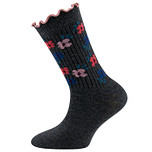 Kindersokken Ewers Meisjes - Donkergrijs met Bloemetjes en Fijne Rib - Roze Ruche Randje 