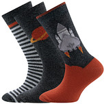 3-Pack Kindersokken Ewers Jongens - Set - Donkergrijs met Spaceshuttle & Grijze Streepjes & Donkergrijs met Saturnus/Planeet