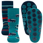 Antislipsokken Ewers Kindermaat - DUOPACK - Petrol & Donkerblauw met Vrachtautos/Kranen & Streepjes - Siliconen Noppen
