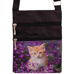 Schoudertasje - Rode Kitten tussen Paarse Bloemen - Zwart - Verstelbaar - 19x14,5cm